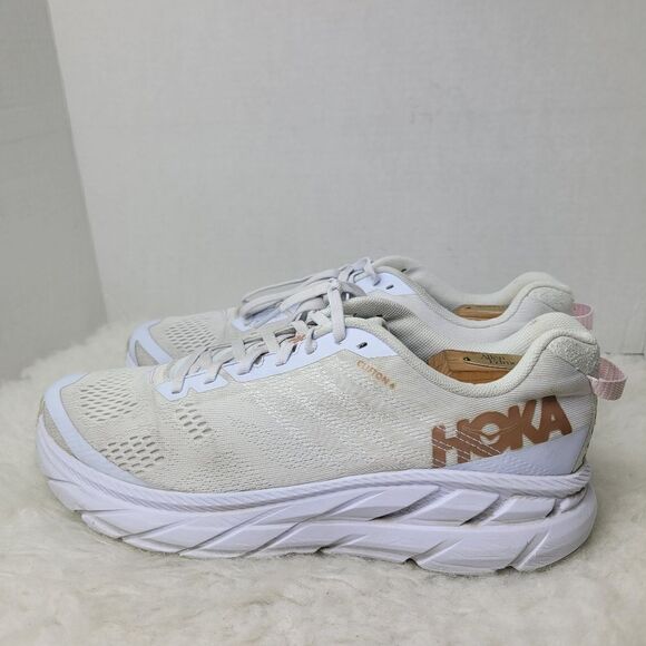Hoka One One Clifton 6 White & Gold Rose Running Sneakers Shoes Size 11
